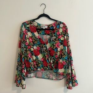 Wildfox Floral Delivery Surplice Blouse Faux Wrap Top Bell Sleeve Small #4956